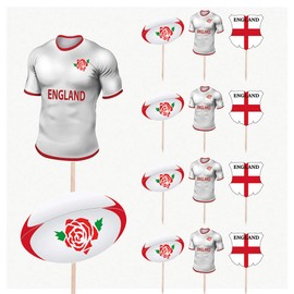 AK Giftshop England Rugby Team - Shirt, Ball and Flag Mix Birthday Party Food Cupcakes Picks Decorations Toppers (Pack of 14)