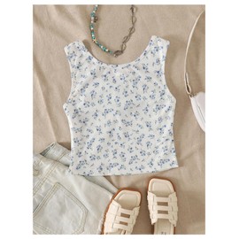 RoseSeek Girl's 2 Packs Ditsy Floral Sleeveless Tank Tops Ruched Ribbed Square Neck Cute Summer Top White 12Y