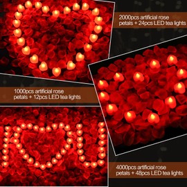1000pcs Artificial Rose Petals with 12pcs LED Tea Lights Kit, for Decoration(1000pcs Red Petals + 12pcs Red Lights)