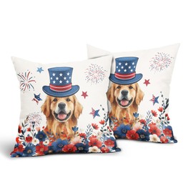 Evlaschin 2PCs Patriotic Dog Pillow Covers 4th of July Floral Puppy Cotton Linen Throw Pillowcases 18"x18" Independence Day Stars Firework Cuchion Cover for Sofa Couch Holiday Decor