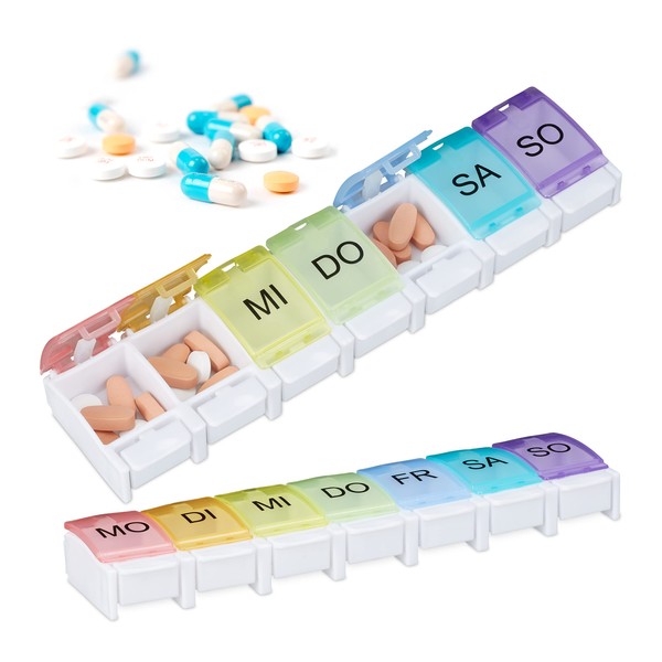 Relaxdays Pill Box, Set of 2, 7 Days, 1 Compartment, BPA-Free Plastic, Weekly Medicine Box, Pill Box, Colourful