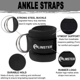 LINSTER Ankle Straps for Cable Machine (Pair) Adjustable fit Comfort Neoprene and Double D-Rings, Ankle Strap Gym Cable Attachment for Glute Workouts, Leg Extensions and Lower Body Exercises