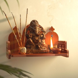 Wooden Wall Mounted Hanging Table top Temple Pooja Mandir God Stand Shelf for Storage and Idols Decoration for Home Office and Gifting (Golden Om)
