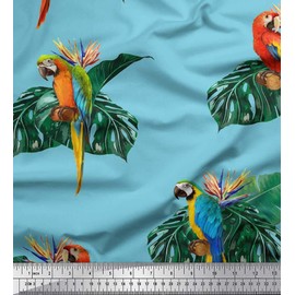 Soimoi Blue Cotton Voile Fabric Monstera Leaves & Macaw Parrot Bird Print Fabric by the metre 42 Inch Wide