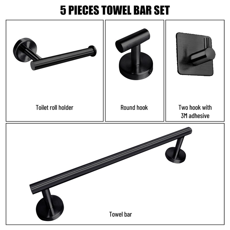 5 Pieces Bathroom Hardware Accessories Set Towel Bar Robe Hooks