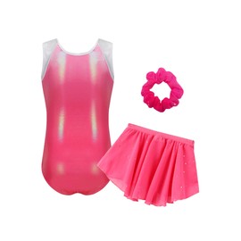 Happy Cherry Girls' Sleeveless Gymnastics Leotard with Skirt Headband Set Kids Shiny Gymnastics Ballet Jersey Dance Costumes 5-12 Years, pink