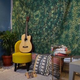 Tapestries, Hippie Mandala Wall Hanging for Bedroom, 213 x 228 cm, Elephant Wall Hanging, Green Indian Cotton Tapestry, Beach Throw, Hippie Blanket for Home, Living Room, Decoration