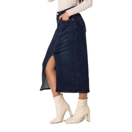 Nina Carter P215 Women's High Waist Calf Length Denim Skirt with Front Slit Long Skirt Zip Stretch Used Look, Dark Blue (P215-2)