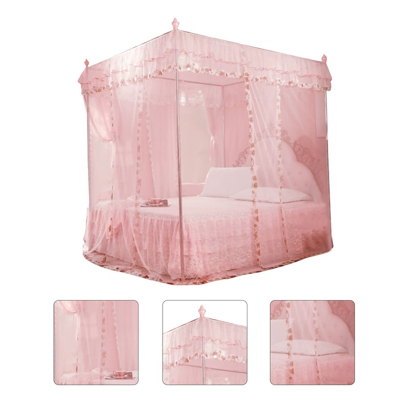 Luxury Princess 3 Side Openings Post Bed Curtain Canopy Netting