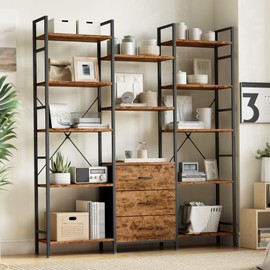 YAOHUOO Triple Bookshelf with 3 Fabric Drawers, 4 Tier Wide Bookcase with Open Display Shelves, Small Bookshelf with Storage for Home Office & Bedroom, Rustic Brown