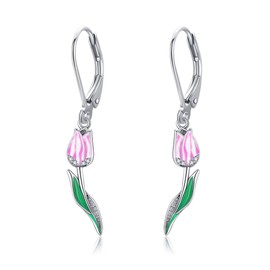 DAYLINLOVE Tulip Earrings 925 Sterling Silver Pink Tulip Dangle Drop Earrings Flower Nature Jewellery Gifts for Women Girls Tulip Lover
