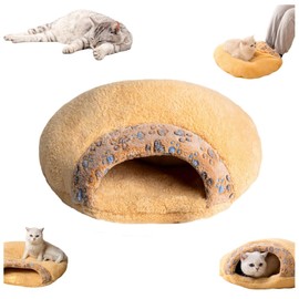 Cat Winter Sleeping Bag - Self Warming Bed Cave, Semi-Enclosed Soft Plush Large Cat Sack Covered Bed for Kitten & Puppy (Khaki, M-23.6x19.7x6.3in)