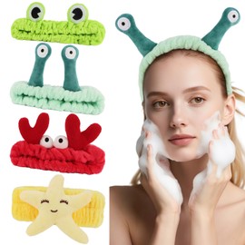 KIUEZIR 4PCS Spa Headband for Washing Face, Cute Cartoon Headbands for Beauty Skincare Sports, Makeup Head Bands for Women, Soft Elastic Frog Crab Snail Starfish Hair Band for Girls