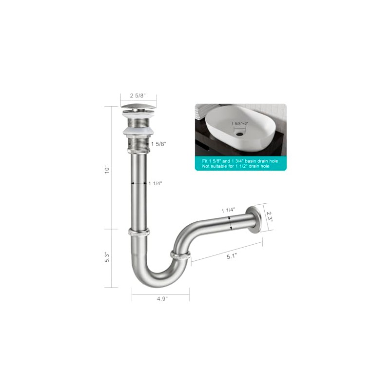 TSIBOMU Bathroom Sink U Shape Bottle Trap Complete Set, Adjustable