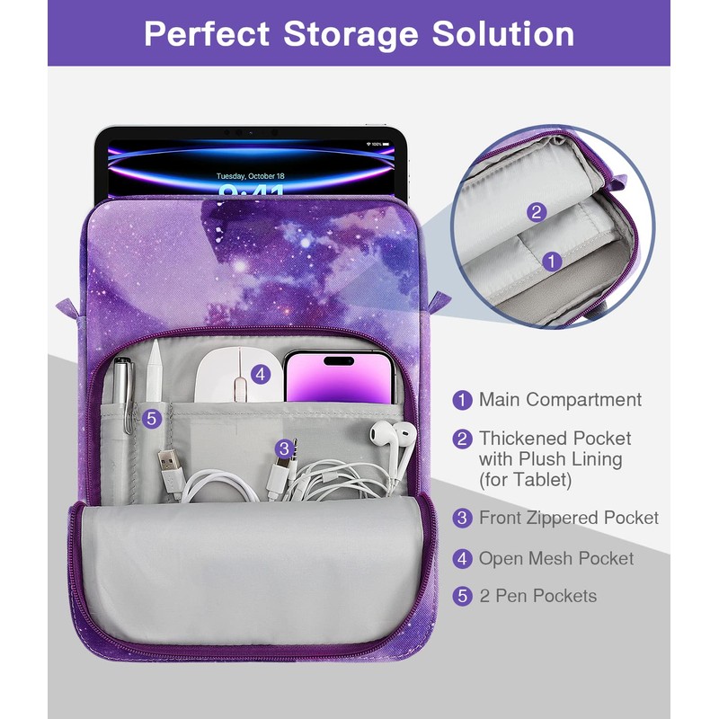 MoKo Tablet Case with Shoulder Strap & Handle, Multiple Compartments,
