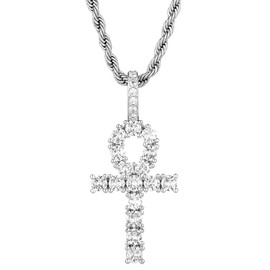 BSMCXB Cross Necklace For Men Brass Gold Plating Pendant Cubic Zirconia Ankh Cross Faith Crucifix Jewelry 24'' Stainless Steel Rope Chain (Design-2)
