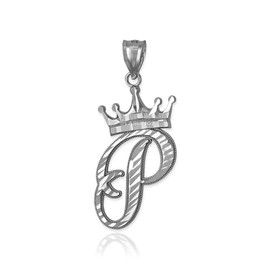 Sterling Silver Letter 'P' Initial Cursive Crown DC Pendant Necklace (Pendant Only) ZN2210S-P Medium