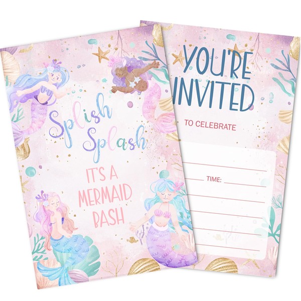 Mermaid Birthday Invitations, Mermaids Pool Party Invites with Envelopes (30PACK),