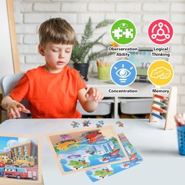 Wooden Vehicle Puzzles for Kids Ages 4-6, 4 Packs 60 PCs Jigsaw Puzzles Preschool Educational Toys Gifts for Children Ages 4-8, Kids Puzzles for 4+ Year Olds Boys Girls, Wood Puzzles Ages 3-10