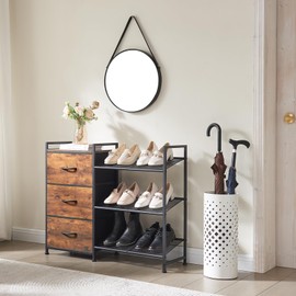 Somdot Shoe Rack, 3 Tier Shoe Organizer with 3 Drawers, Metal Shoe Storage Shelf for 6-9 Pairs of Shoes, Narrow Shoe Rack for entryway, Wood Grain Print