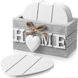 Coasters for Drinks, Wooden Heart Coasters Set of 6 Farmhouse Coasters with Holder Funny Coasters for Coffee Table Protection Housewarming Gifts for New Home Decoration, 4 Inch (Grey,Home)