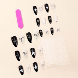 Black Press on Nails Medium Almond Fake Nails Star False Nails Heart with Bow and Rabbit Design White Acrylic Nails Artificial Nails Glossy Stick on Nails for Women Girls Manicure Art 24Pcs
