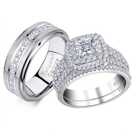 Newshe Wedding Rings Set for Him and Her Women Mens Tungsten Bands Princess Cz 2.3Ct Sterling Silver Size 6&11