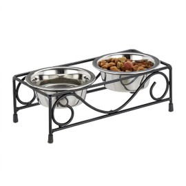 Relaxdays Dog Bowl Set with Holder, Bowl Stand Dogs & Cats, 2 Stainless Steel Bowls 300 ml Each, Feeding Bar, Black/Silver