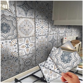 48 Tile Stickers Kitchen Victorian Mosaic Tile Stickers Transfers for Floor Wall Kitchen Bathroom Peel and Stick Tile Wood Floor Wall Covers (Grey Mix, 6" - 48 Individual Stickers)