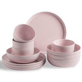 MissYIP 12 Pcs Wheat Straw Dinnerware Sets, Unbreakable Reusable Kitchen Dinnerware Set, Outdoor Camping Dishes, BAP free, Dishwasher Safe,Not oven-safe or microwavable(Shell Pink)