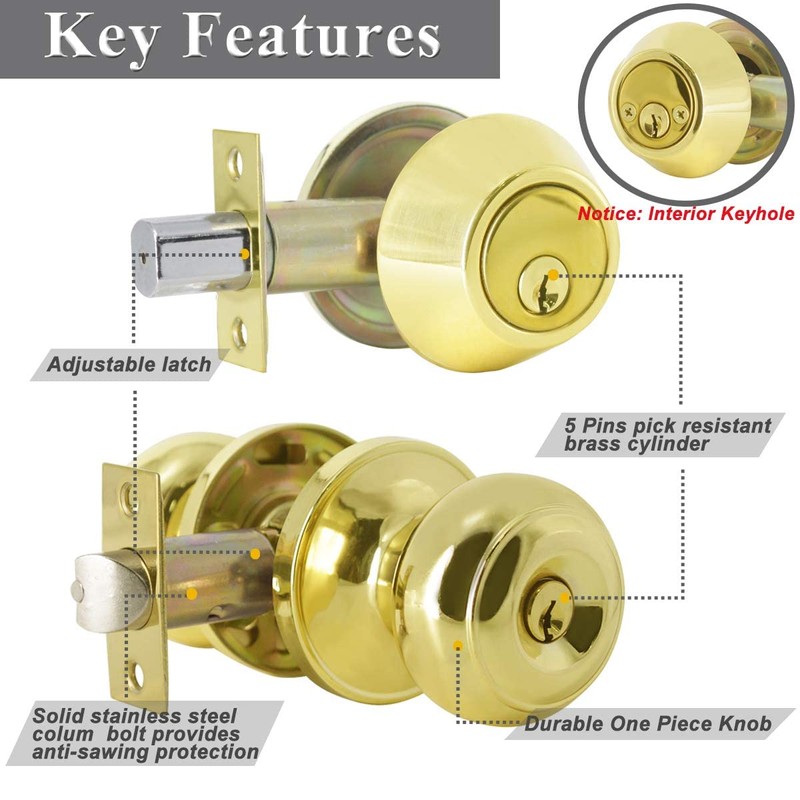 Probrico Door Knob and Double Cylinder Deadbolt Lock Set, Polished