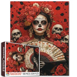 Fantasy Sugar Skull Woman Holding Fan Rompecabezas de 1000 piezas para adultos, estudiantes, rosas y calaveras Día de los Muertos, rompecabezas de arte de 20 x 27 pulgadas, retrato de cuerpo completo