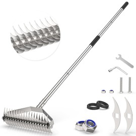Thatch Rake, Stainless Steel Dethatching Rake with Double Sided Stainless Steel Blades to Replace, Handle Adjustable 38 to 69 Inch, Versatile Dethatcher for Lawns, Leaves, Dead Grass, Loosening Soil