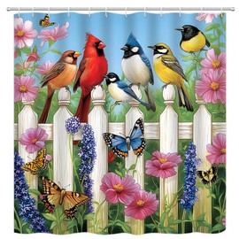 PZMPZM Floral Bird Shower Curtain Colorful Birds on Wooden Fence Rustic Flower Butterfly Spring Garden Nature Scenery Fabric Bathroom Decor Curtain Sets with Hooks,70" Wx70 H