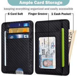 HOTCOOL Slim Wallet for Men, Minimalist Front Pocket Simple Leather Credit Card Holder RFID Blocking for Men & Women, Thin Organizer Gifts, Carbon Fiber - Black