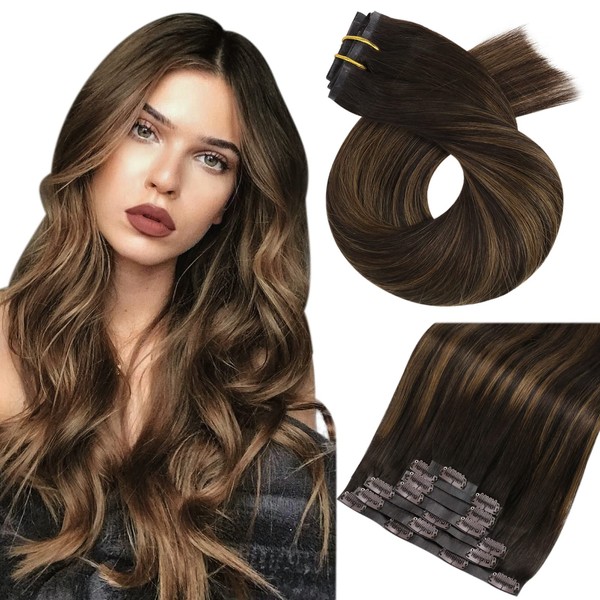 Moresoo Human Hair Clip Extensions, Seamless, Remy Ombre Clip-In Extensions, Full Head, Balayage Dark Brown with Medium Brown, 7 Pieces, 100 g, 45 cm