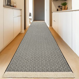 Tritard Extra Long Runner Rugs for Hallway 2x12 Washable Woven Cotton Runners with Tassels Checkered Indoor Entryway Carpet Checkerboard Kitchen Rug for Hall, Bedroom, Doorway, Black