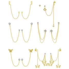 Akeoqi 6 Pairs Cuff Earrings Chain Drop Dangle Earrings with CZ Inlaid Wrap Threader Tassel Earrings Cartilage Double Piercing Holes Fashion Chic Minimalist Crawler Climber Earring Planet Butterfly Moon Round Studs for Women
