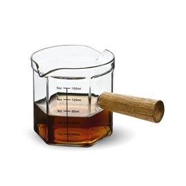 Denovin Glass Measuring Cup, 5oz Clear Espresso Shot Glass with Wood Handle, Double Spouts Measuring Triple Pitcher Milk Cup for Coffee Tea (Transparent)