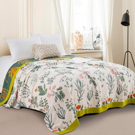 Purefair 100% Muslin Cotton Throw Blanket for Bed Couch Chair, Botanical Plant Floral Printed Quilt Ultra Soft Reversible Gauze Blanket for All Season, 90"x98"