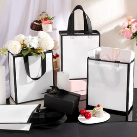 Huhumy 24 Pcs Reusable Gift Bags with Handles 10 x 8 x 4 Thank You Non Woven Tote Bags for Wedding Birthday(White Black)
