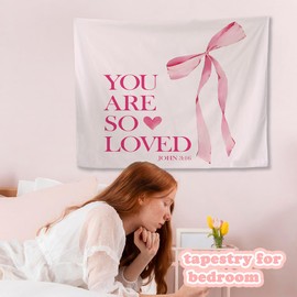 Dipyquk Cute Coquette Pink Bow Tapestry Wall Decor, Cute Bow Room Decor, Coquette Bible Verses Wall Decor, Pink Room Decor for Teen Girls Bedroom College Dorm, 50×60 inches