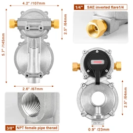 RV Propane Regulator 2 Tank-2-Stage Auto Changeover LP Propane Regulator, 18 Inch Pigtail Hoses (2 Pcs) with Gauge, 1/4" Inverted Male Flare / QCC1 Fitting, 3/8" NPT Female, for RVs,Trailers, Camper