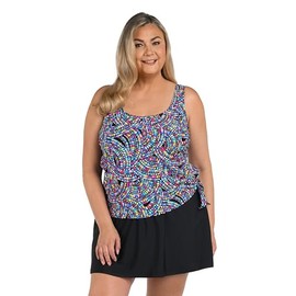 Maxine of Hollywood Scoop Neck Faux Tankini Swim Dress One Piece Swimsuit, Multi//Colorburst, 14