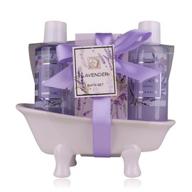 Accentra Women's Shower Set Lavender in Beautiful Ceramic Bathtub - 3-Piece Care Set with Shower Gel, Bubble Bath & Bath Salt - Wellness Gift Set for Birthday, Valentine's Day & Christmas