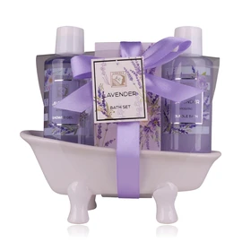 Accentra Women's Shower Set Lavender in Beautiful Ceramic Bathtub - 3-Piece Care Set with Shower Gel, Bubble Bath & Bath Salt - Wellness Gift Set for Birthday, Valentine's Day & Christmas