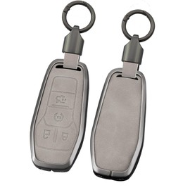 ontto 4-Button Key Fob Cover Fit for Ford F150 Fusion Mustang Edge Explorer 2013-2017,Metal and Leather Car Key Skin Fit for Lincoln MKC MKX MKZ 2013-2018 Car Accessories,Grey