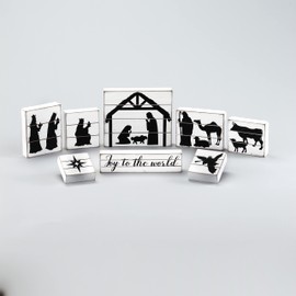 Wooden Block Silhouette Farmhouse Nativity Scene Decorations - Set of 8
