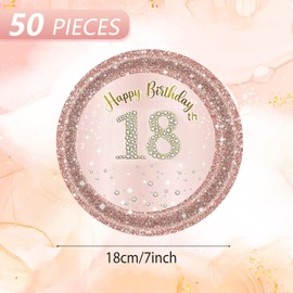 Fitoyplak - 50 platos de papel de 18 cumpleaños, decoraciones de fiesta de 18 años, vajilla de cena, oro rosa de 7 pulgadas, platos felices de 18 años, juego de vajilla de fiesta de 18 años, para