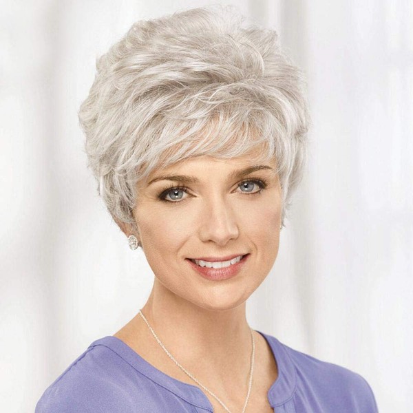 Emmor Short Silver Grey Human Hair Wigs for Women Blend Pixie Cut Wig With Bang,Natural Daily Use Hair (Color 101#)
